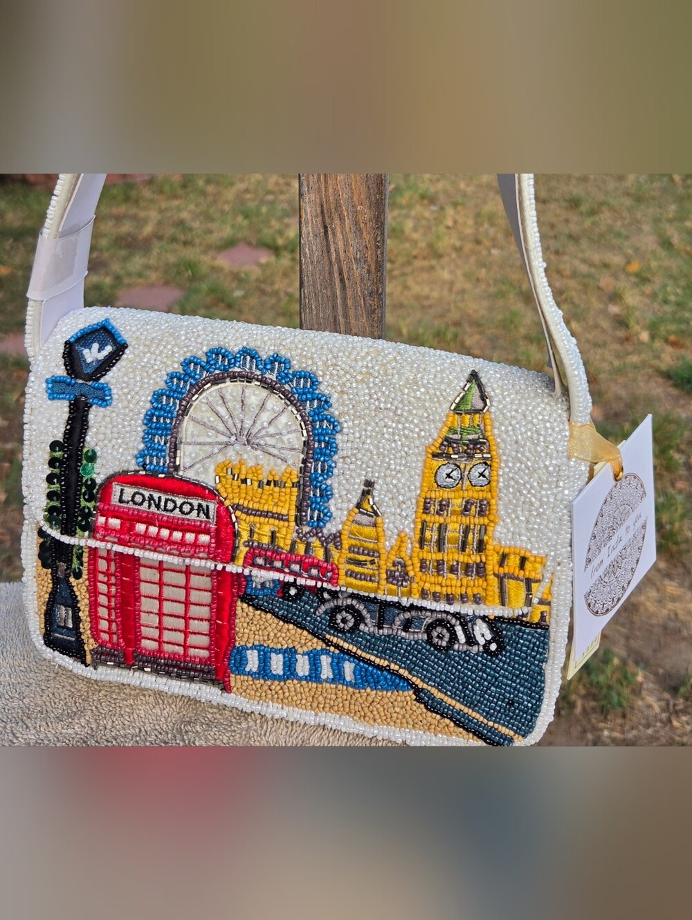 Beaded London Scene Crossbody Bag in White and Multi